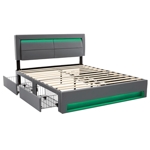 Cama de casal 140x190 cm em imitação de pele com LED - 4 gavetas - com portas de carregamento (com e sem fios) - Cinzento Cama de casal 140x190 cm em imitação de pele com LED - 4 gavetas - com portas de carregamento (com e sem fios) - Cinzento