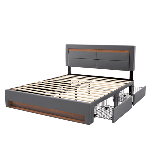Cama de casal 140x190 cm em imitação de pele com LED - 4 gavetas - com portas de carregamento (com e sem fios) - Cinzento Cama de casal 140x190 cm em imitação de pele com LED - 4 gavetas - com portas de carregamento (com e sem fios) - Cinzento
