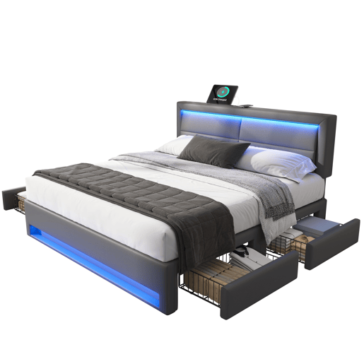 Cama de casal 140x190 cm em imitação de pele com LED - 4 gavetas - com portas de carregamento (com e sem fios) - Cinzento Cama de casal 140x190 cm em imitação de pele com LED - 4 gavetas - com portas de carregamento (com e sem fios) - Cinzento