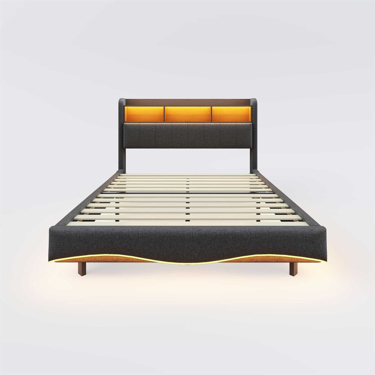 Cama de adulto 140x200 cm en tejido de lino - cabecero con almacenaje con led y enchufes - gris