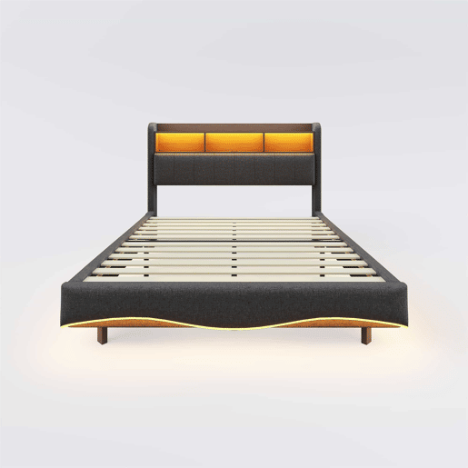 Cama de adulto 140x200 cm em tecido de linho - cabeceira com arrumação com LED e fichas - Cinzento Cama de adulto 140x200 cm em tecido de linho - cabeceira com arrumação com LED e fichas - Cinzento