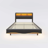 Cama de adulto 140x200 cm em tecido de linho - cabeceira com arrumação com LED e fichas - Cinzento