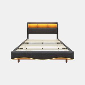 Cama de adulto 140x200 cm em tecido de linho - cabeceira com arrumação com LED e fichas - Cinzento
