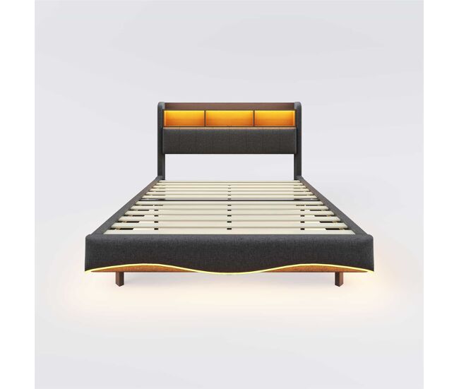 Cama de adulto 140x200 cm en tejido de lino - cabecero con almacenaje con led y enchufes - gris