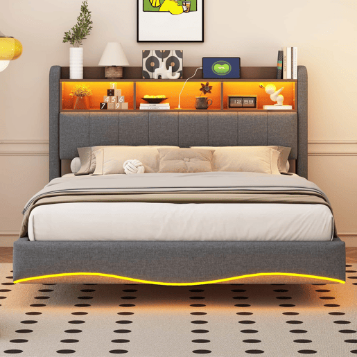 Cama de adulto 140x200 cm em tecido de linho - cabeceira com arrumação com LED e fichas - Cinzento Cama de adulto 140x200 cm em tecido de linho - cabeceira com arrumação com LED e fichas - Cinzento