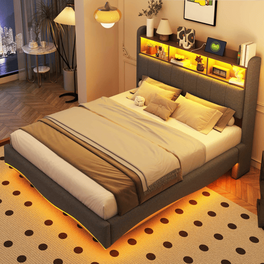 Cama de adulto 140x200 cm em tecido de linho - cabeceira com arrumação com LED e fichas - Cinzento