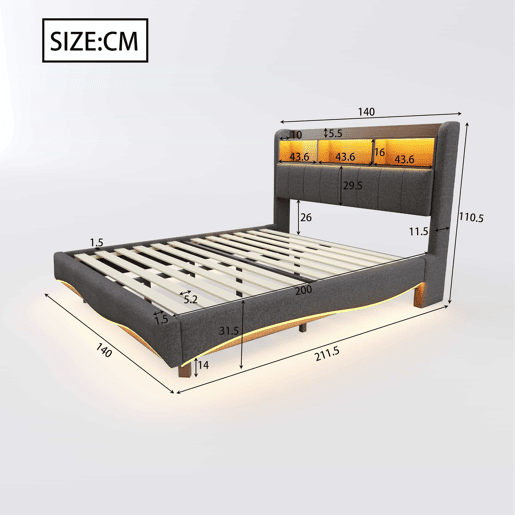 Cama de adulto 140x200 cm em tecido de linho - cabeceira com arrumação com LED e fichas - Cinzento Cama de adulto 140x200 cm em tecido de linho - cabeceira com arrumação com LED e fichas - Cinzento