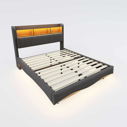 Cama de adulto 140x200 cm em tecido de linho - cabeceira com arrumação com LED e fichas - Cinzento