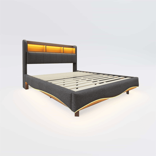 Cama de adulto 140x200 cm em tecido de linho - cabeceira com arrumação com LED e fichas - Cinzento Cama de adulto 140x200 cm em tecido de linho - cabeceira com arrumação com LED e fichas - Cinzento