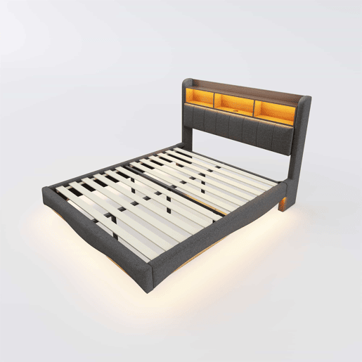 Cama de adulto 140x200 cm em tecido de linho - cabeceira com arrumação com LED e fichas - Cinzento Cama de adulto 140x200 cm em tecido de linho - cabeceira com arrumação com LED e fichas - Cinzento