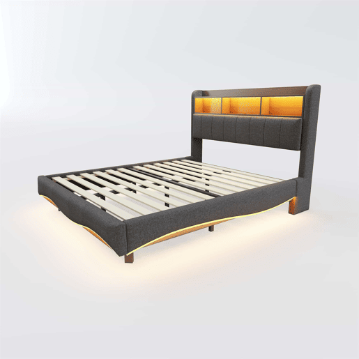 Cama de adulto 140x200 cm em tecido de linho - cabeceira com arrumação com LED e fichas - Cinzento