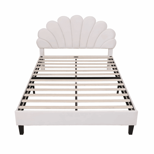 Cama de casal estofada em veludo - 140x200cm - cabeceira em forma de flor - com estrado de molas - Bege Cama de casal estofada em veludo - 140x200cm - cabeceira em forma de flor - com estrado de molas - Bege