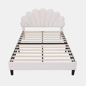 Cama de casal estofada em veludo - 140x200cm - cabeceira em forma de flor - com estrado de molas - Bege