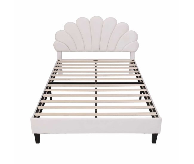 Cama doble tapizada en terciopelo - 140x200cm - cabecero en forma de flor - con somier - beige