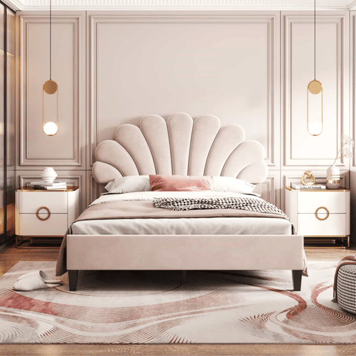 Cama de casal estofada em veludo - 140x200cm - cabeceira em forma de flor - com estrado de molas - Bege Cama de casal estofada em veludo - 140x200cm - cabeceira em forma de flor - com estrado de molas - Bege