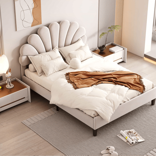 Cama de casal estofada em veludo - 140x200cm - cabeceira em forma de flor - com estrado de molas - Bege Cama de casal estofada em veludo - 140x200cm - cabeceira em forma de flor - com estrado de molas - Bege