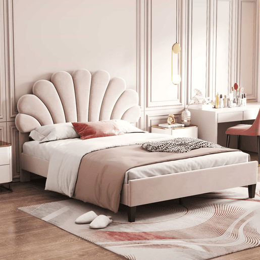 Cama de casal estofada em veludo - 140x200cm - cabeceira em forma de flor - com estrado de molas - Bege Cama de casal estofada em veludo - 140x200cm - cabeceira em forma de flor - com estrado de molas - Bege