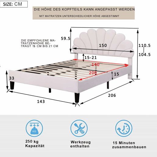 Cama de casal estofada em veludo - 140x200cm - cabeceira em forma de flor - com estrado de molas - Bege Cama de casal estofada em veludo - 140x200cm - cabeceira em forma de flor - com estrado de molas - Bege