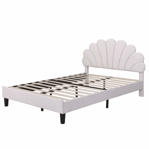 Cama de casal estofada em veludo - 140x200cm - cabeceira em forma de flor - com estrado de molas - Bege Cama de casal estofada em veludo - 140x200cm - cabeceira em forma de flor - com estrado de molas - Bege