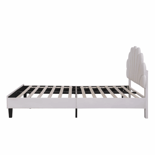 Cama de casal estofada em veludo - 140x200cm - cabeceira em forma de flor - com estrado de molas - Bege Cama de casal estofada em veludo - 140x200cm - cabeceira em forma de flor - com estrado de molas - Bege
