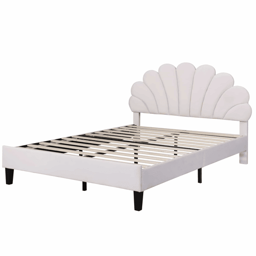 Cama de casal estofada em veludo - 140x200cm - cabeceira em forma de flor - com estrado de molas - Bege Cama de casal estofada em veludo - 140x200cm - cabeceira em forma de flor - com estrado de molas - Bege
