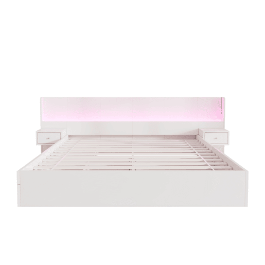 Contentor-cama para adultos 180x200 cm em madeira - com fichas USB e LED - 2 mesinhas de cabeceira e 2 gavetas - Branco Contentor-cama para adultos 180x200 cm em madeira - com fichas USB e LED - 2 mesinhas de cabeceira e 2 gavetas - Branco