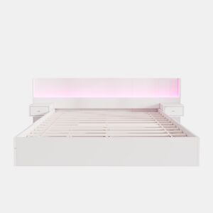 Contentor-cama para adultos 180x200 cm em madeira - com fichas USB e LED - 2 mesinhas de cabeceira e 2 gavetas - Branco
