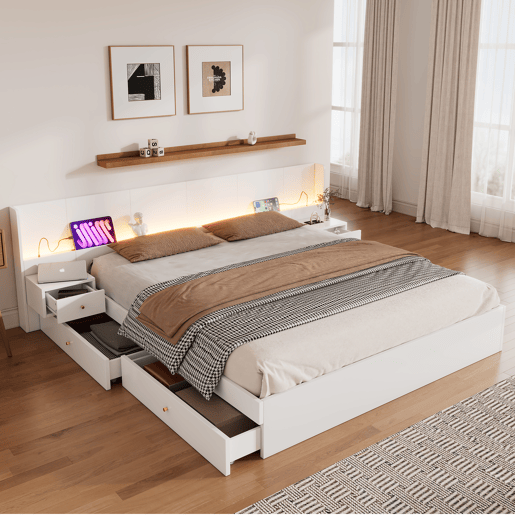 Contentor-cama para adultos 180x200 cm em madeira - com fichas USB e LED - 2 mesinhas de cabeceira e 2 gavetas - Branco Contentor-cama para adultos 180x200 cm em madeira - com fichas USB e LED - 2 mesinhas de cabeceira e 2 gavetas - Branco