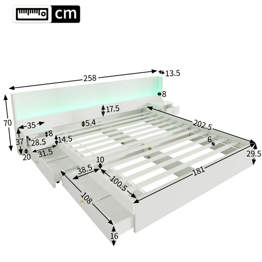 Contentor-cama para adultos 180x200 cm em madeira - com fichas USB e LED - 2 mesinhas de cabeceira e 2 gavetas - Branco Contentor-cama para adultos 180x200 cm em madeira - com fichas USB e LED - 2 mesinhas de cabeceira e 2 gavetas - Branco