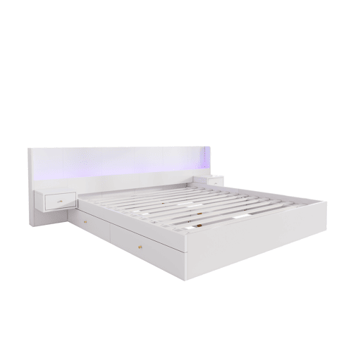 Contentor-cama para adultos 180x200 cm em madeira - com fichas USB e LED - 2 mesinhas de cabeceira e 2 gavetas - Branco Contentor-cama para adultos 180x200 cm em madeira - com fichas USB e LED - 2 mesinhas de cabeceira e 2 gavetas - Branco