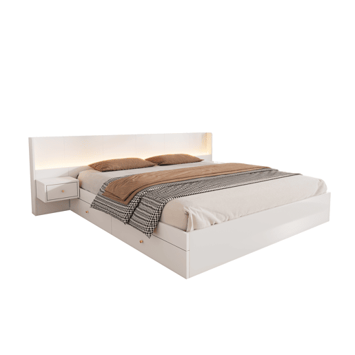 Contentor-cama para adultos 180x200 cm em madeira - com fichas USB e LED - 2 mesinhas de cabeceira e 2 gavetas - Branco Contentor-cama para adultos 180x200 cm em madeira - com fichas USB e LED - 2 mesinhas de cabeceira e 2 gavetas - Branco