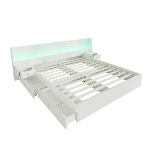 Contentor-cama para adultos 180x200 cm em madeira - com fichas USB e LED - 2 mesinhas de cabeceira e 2 gavetas - Branco Contentor-cama para adultos 180x200 cm em madeira - com fichas USB e LED - 2 mesinhas de cabeceira e 2 gavetas - Branco
