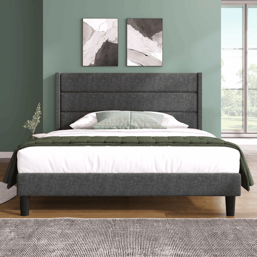 Cama estofada em linho - 140x200cm - estilo contemporâneo - Cinzento Cama estofada em linho - 140x200cm - estilo contemporâneo - Cinzento