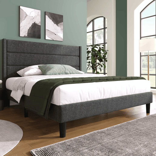 Cama estofada em linho - 140x200cm - estilo contemporâneo - Cinzento Cama estofada em linho - 140x200cm - estilo contemporâneo - Cinzento