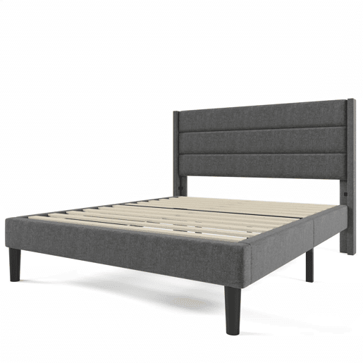 Cama estofada em linho - 140x200cm - estilo contemporâneo - Cinzento Cama estofada em linho - 140x200cm - estilo contemporâneo - Cinzento