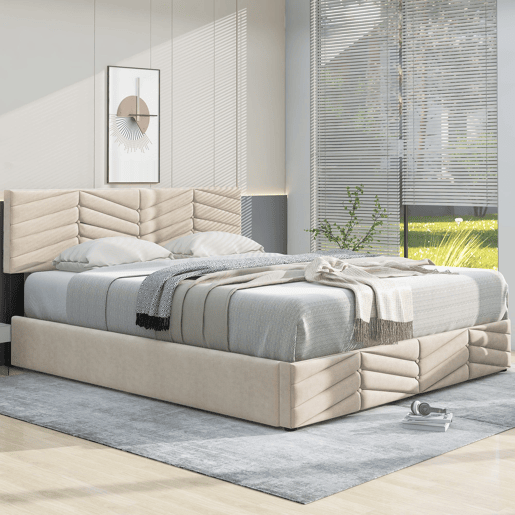 Cama estofada 140x190 cm - com cabeceira ajustável em altura, estrado de ripas de madeira, fácil montagem, veludo holandês - Bege Cama estofada 140x190 cm - com cabeceira ajustável em altura, estrado de ripas de madeira, fácil montagem, veludo holandês - Bege