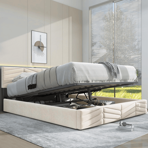 Cama estofada 140x190 cm - com cabeceira ajustável em altura, estrado de ripas de madeira, fácil montagem, veludo holandês - Bege Cama estofada 140x190 cm - com cabeceira ajustável em altura, estrado de ripas de madeira, fácil montagem, veludo holandês - Bege
