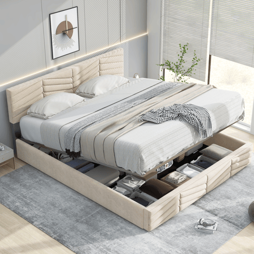 Cama estofada 140x190 cm - com cabeceira ajustável em altura, estrado de ripas de madeira, fácil montagem, veludo holandês - Bege Cama estofada 140x190 cm - com cabeceira ajustável em altura, estrado de ripas de madeira, fácil montagem, veludo holandês - Bege