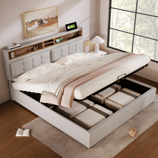 Cama contentora 140x200 cm em tecido de linho - cabeceira regulável com fichas - com estrado - Bege Cama contentora 140x200 cm em tecido de linho - cabeceira regulável com fichas - com estrado - Bege