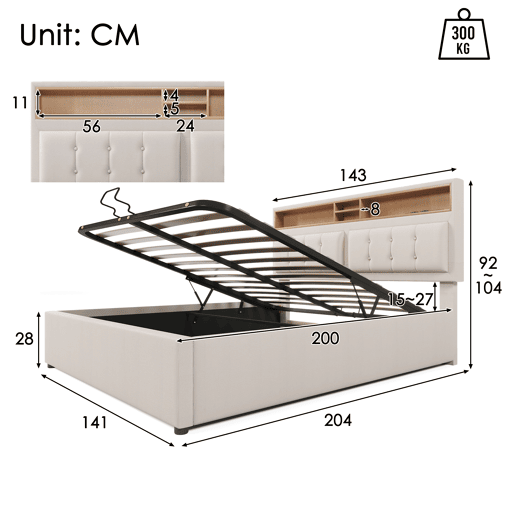 Cama contentora 140x200 cm em tecido de linho - cabeceira regulável com fichas - com estrado - Bege Cama contentora 140x200 cm em tecido de linho - cabeceira regulável com fichas - com estrado - Bege