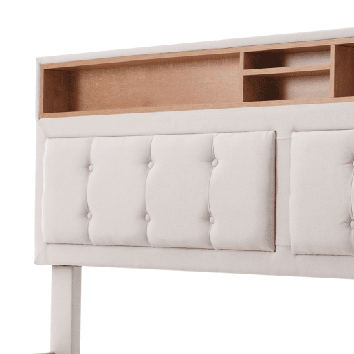 Cama contentora 140x200 cm em tecido de linho - cabeceira regulável com fichas - com estrado - Bege Cama contentora 140x200 cm em tecido de linho - cabeceira regulável com fichas - com estrado - Bege