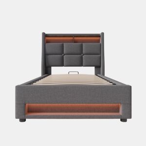 Cama para arrumação de roupa de cama 90x200 cm com LED e portas USB - estrado de ripas - cinzento