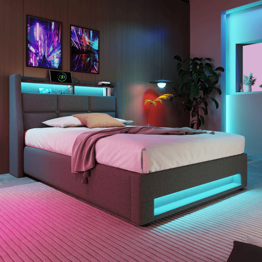 Cama para arrumação de roupa de cama 90x200 cm com LED e portas USB - estrado de ripas - cinzento Cama para arrumação de roupa de cama 90x200 cm com LED e portas USB - estrado de ripas - cinzento