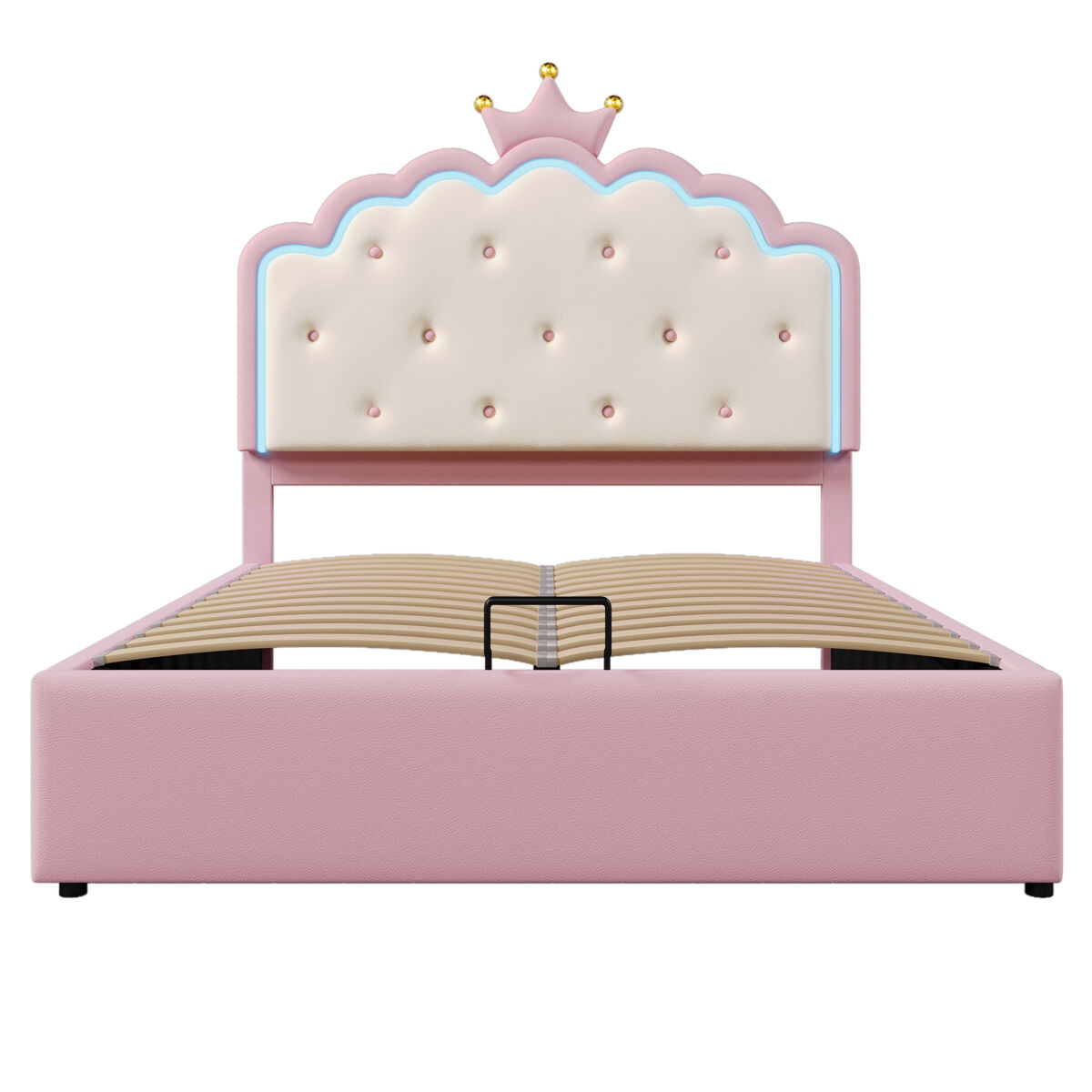 Cama contenedor tapizada 140x200 cm en símil piel - con led y somier de láminas - rosa