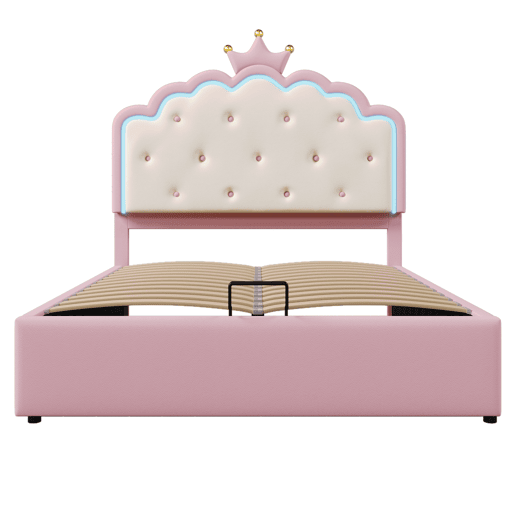 Cama contentora estofada 140x200 cm em imitação de pele - com LED e estrado de ripas - Rosa