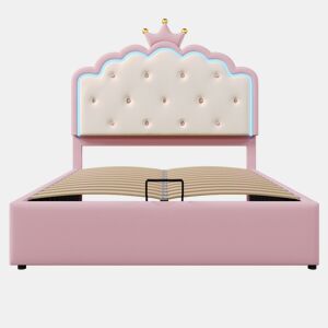 Cama contentora estofada 140x200 cm em imitação de pele - com LED e estrado de ripas - Rosa