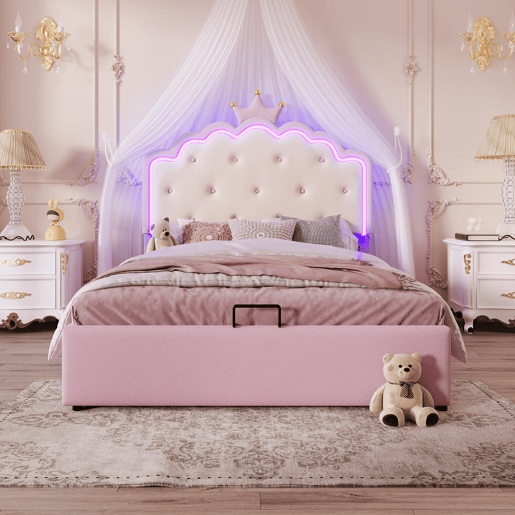 Cama contentora estofada 140x200 cm em imitação de pele - com LED e estrado de ripas - Rosa