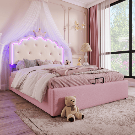 Cama contentora estofada 140x200 cm em imitação de pele - com LED e estrado de ripas - Rosa