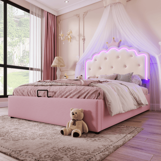 Cama contentora estofada 140x200 cm em imitação de pele - com LED e estrado de ripas - Rosa