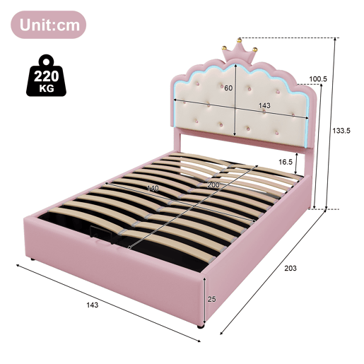 Cama contentora estofada 140x200 cm em imitação de pele - com LED e estrado de ripas - Rosa